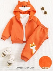 Cozy Pixies 小男孩卡通印花连帽衫和运动裤套装，秋冬休闲装 - 橘色 - 查看 1