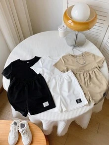 SHEIN Bộ 6 áo thun tay ngắn in chữ màu trơn và quần short cạp chun cho bé trai/gái, trang phục cơ bản mùa xuân/hè - Nhiều màu - Xem 5
