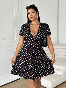 Solflare Valentine's Day Outfit, Colorful Heart Print V-Neck Plus Size Dress - Multicolor - View 3