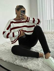 EURMUSE Women Casual Loose Round Neck Striped Sweater, For Autumn And Winter - Burgundy - View 4