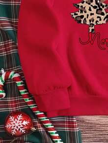 Tween Girls' Christmas Cartoon Reindeer, Plaid Christmas Tree & Letter Print Crew Neck Sweatshirt, Suitable For Autumn/Winter - Red - View 3