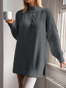 EURMUSE Cable Pattern Mock Neck Raglan Sleeves Mini Sweater Dress - Grey - View 5