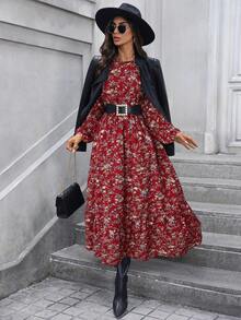 SHEIN LUNE V 领荷叶边喇叭袖层叠下摆 A 字形复古碎花休闲通勤优雅长裙，适合女士，秋冬 - 紅色 - 查看 4