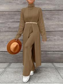 EURMUSE 2pcs Women's Casual Solid Color Cardigan & Pants Set, Fall/Winter - Camel - View 8