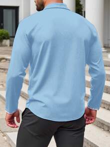 Manfinity Homme Kemeja Kasual Pria Ukuran Besar Motif Patchwork, Musim Gugur, Lengan Panjang - Baby Blue - View 2