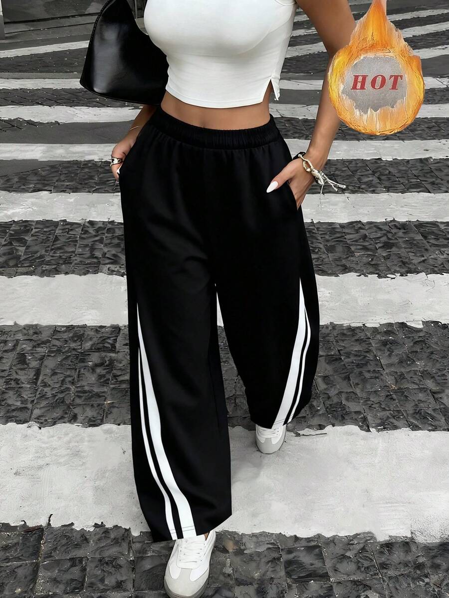 INAWLY Women's Loose Fit Striped Thermal Lined Sweatpants - Black - View 1