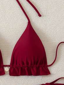 SHEIN Swim 2025 Ladies' Summer Beach Solid Color Ruffle Halter Tie Sexy Bikini Swimsuit Set Red Bikini Set - Burgundy - View 6