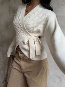 SHEIN Unity Cárdigan casual y versátil de mujer con nudo lateral en la cintura - Beis - Ver 1