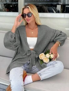 EURMUSE Women Oversize Shaped Tie-Up Detailed Cardigan - Grey - View 3