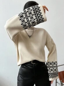EURMUSE Geo Pattern Drop Shoulder Sweater - Apricot - View 4
