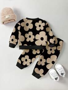 1 套女婴休闲时尚甜美花卉印花圆领长袖运动衫和运动裤套装，适合外出、运动休闲穿着，秋冬季 - 彩色 - 查看 2