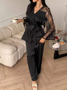 DAZY Damen charmantes Spitzen-Patchwork Wickel-Taille Gürtel Top & gerade Bein Hose Pyjama Set, Herbstkleidung - Schwarz - Übersicht 7