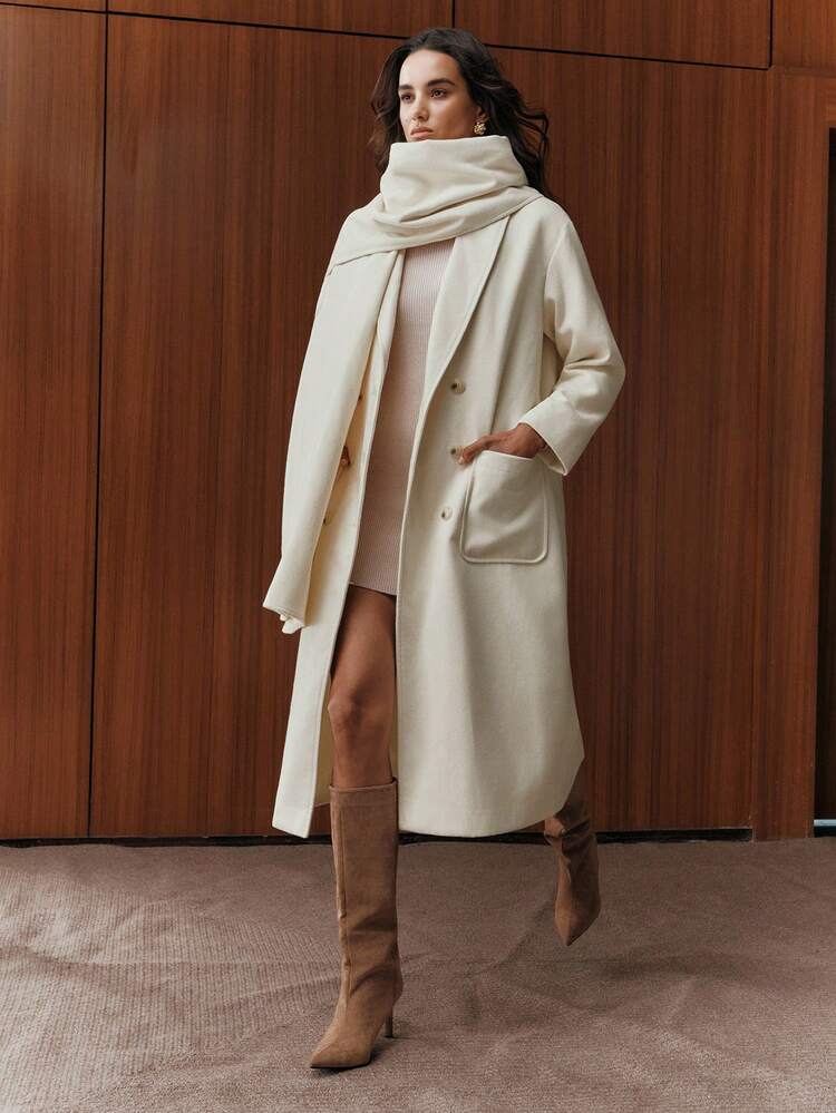 Abrigo largo de mujer con cuello de solapa, bolsillo grande y doble botonadura, con bufanda, adecuado para otoño, invierno, salir, elegante, formal, fiesta, chic, Año Nuevo, Navidad, trabajo, graduación, boda
