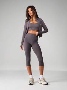 MISSGUIDED High Waisted Capri Leggings Athletic Training Performance Yoga Fitness Activewear - Grey - View 4