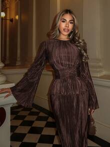 Xyvia مجموعة قطعتين للنساء مع أكمام واسعة، تتكون من تنورة مطوية وحزام، مناسبة للحفلات والعمل/المكتب، للخريف/الشتاء