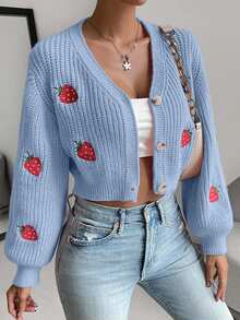 EURMUSE Strawberry Embroidery Drop Shoulder Cardigan - Blue - View 7