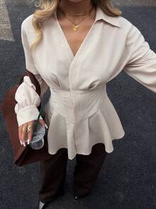 Siren Gaze Women's Autumn/Winter New Waist Cinched A-Line Long Sleeve Shirt Peplum Blouse Women Blouses Elegant Modest Blouse Casual Spring - Apricot - View 5