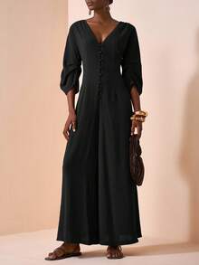 Zivah 2025 年秋季新款音乐节、复活节、圣帕特里克节、西部风、游牧风、生日派对、毕业典礼、学院风、学生装、日常休闲、百搭百搭、休闲、邮轮旅行、海滩、日光浴、病毒式传播、街头服饰、婚礼宾客波西米亚风、通勤、早午餐、机场、V 领 3/4 袖长款连体裤，采用棕色纹理褶皱面料，背部交叉设计 - 黑色 - 查看 2