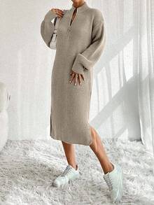 EURMUSE 女士拉链针织毛衣裙 - 杏色 - 查看 7