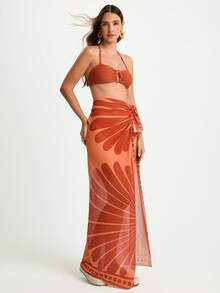 CAJUNI All-Over Print Twist Front Slit Hem Sarong Skirt - Orange - View 4