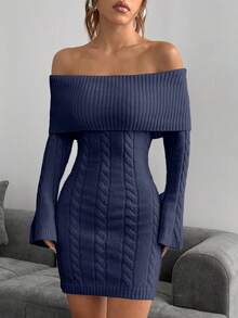 SHEIN Unity Off Shoulder Long Sleeve Twist Knit Bodycon Dress - Navy Blue - View 3