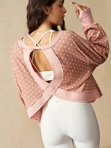 VARSIVA Women's Polka Dot Print Cross Wrap Open Back Loose Fit Casual T-Shirt, Spring/Autumn - Multicolor - View 8