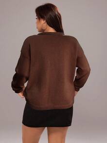 Rustia Plus Size Cardigans, Loose Fit, Shell Metal Button Decor, Solid Color CASUAL - Brown - View 3