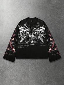ROMWE MEN Goth Áo thun nam tay dài dáng rộng in họa tiết đồ họa cổ điển - màu đen - Xem 1