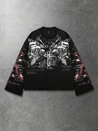 Street Life Camiseta de manga larga holgada y corta con estampado gráfico retro para hombre