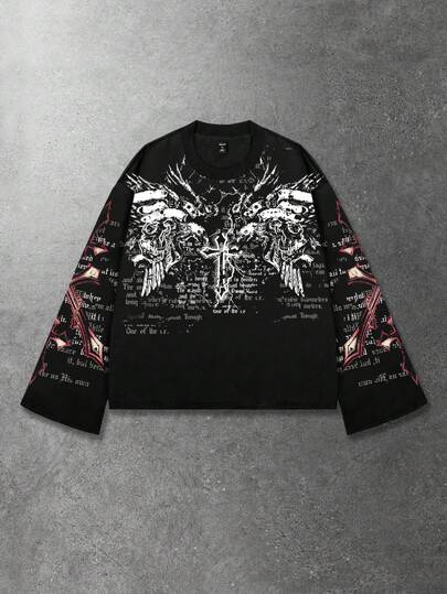 Street Life Men's Retro Gothic Graphic Print Loose Cropped Long Sleeve T-Shirt