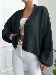 EURMUSE Áo khoác cardigan dáng rộng màu trơn đơn giản, thoải mái và đa năng cho nữ - Màu xám đen - Xem 4