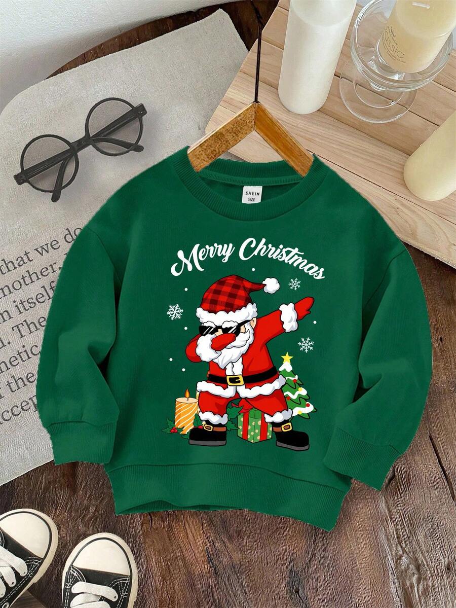 Baby Boy Green Autumn Cute Modest Birthday Christmas Star Tree Bear Deer Pattern Knitted Soft Casual Thick Crew Neck Sweatshirt For Autumn/Winter - Green - View 1