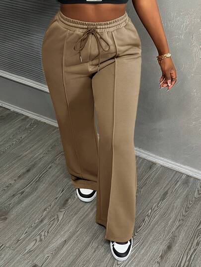 Slaydiva Women's Brown Drawstring Waist Toothpick Striped Design Wide Leg Casual Sweatpants