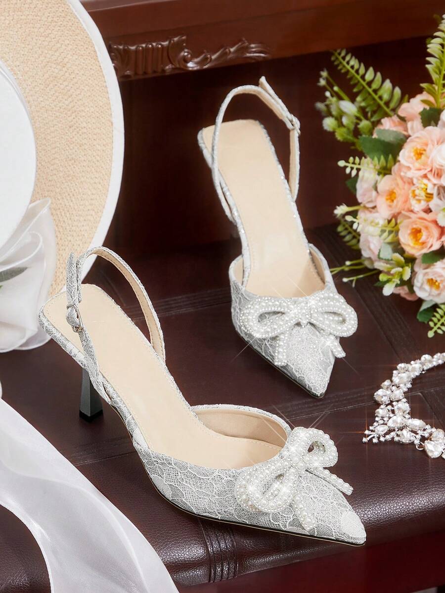 CUCCOO HITCHD Giày cao gót mũi nhọn đính nơ pha lê thời trang thanh lịch dành cho nữ - Bạc - Xem 1