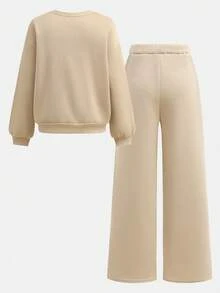 SHEIN Girlism 青少年女孩休闲校园街头风格字母和数字图案圆领运动衫和褶皱阔腿直筒裤针织运动服返校装 - 杏色 - 查看 2