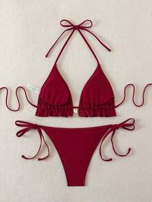 SHEIN Swim 2025 Ladies' Summer Beach Solid Color Ruffle Halter Tie Sexy Bikini Swimsuit Set Red Bikini Set - Burgundy - View 5