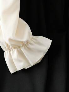 GlowEve CURVE Plus Two Tone Frill Mock Neck Flounce Sleeve Faux Pearls Dress - Black and White - View 5