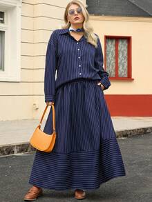 EMERY ROSE 大码女式休闲蓝色条纹衬衫和裙子两件套，带口袋，秋冬 - 藏蓝色 - 查看 1