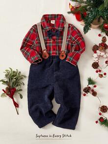Cozy Pixies 2件套男婴彩色格子领长袖连体衣和背带裤套装，男婴背带裤套装，复古男婴服装，复古背带裤，男童圣诞套装 - 彩色 - 查看 3