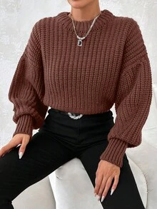 Women Solid Color Round Neck Drop Shoulder Long Sleeve Loose Knit Sweater For Autumn/Winter