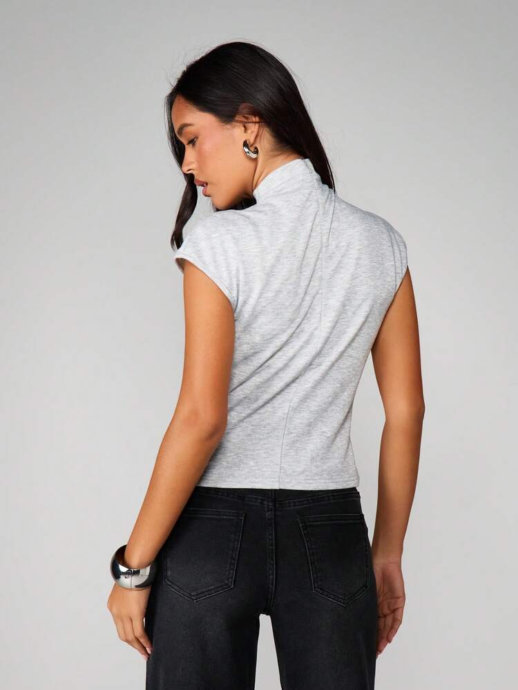 MISSGUIDED Grey Mock Neck Cap Sleeve Fitted Top Casual Basic Tee
