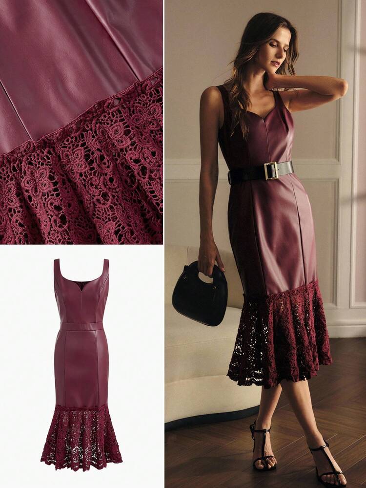 PU LEATHER CONTRAST LACE DRESS