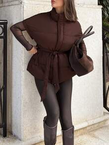 Siren Gaze 女士休闲日常通勤简约纯色高领系带羽绒服，冬季巧克力棕色上衣，深棕色上衣，咖啡棕色上衣 - 棕色 - 查看 5