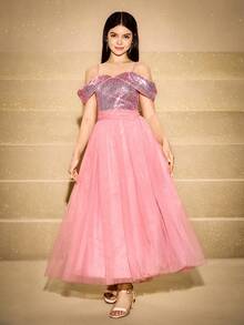Vestido elegante con hombros descubiertos y lentejuelas para adolescentes, adecuado para bailes de graduación, actuaciones, banquetes, recepciones, exposiciones de arte y eventos de moda - Rosa - Ver 3