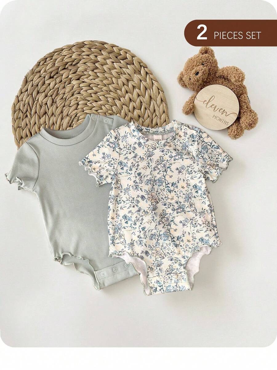 Set de 2 bodys de manga corta con estampado floral ditsy para bebés niñas recién nacidas, diseño de verano