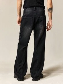 ROMWE MEN Street Life Men's Embroidered Stars Denim Jeans, Suitable For Everyday Wear In Autumn/Winter - Black - View 3