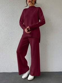 EURMUSE 2pcs Women Solid Color Stand Collar Long Sleeve Knit Sweater Top - Burgundy - View 4