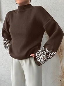 EURMUSE Suéter de punto con patrón geométrico para mujer, otoño e invierno - Marrón Chocolate - Ver 3