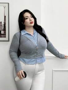 Modelyn 秋季大码休闲条纹拼布衬衫 - 彩色 - 查看 6