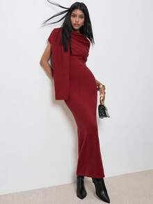 ATUI Studio Vestido de suéter de unicolor, ajustado, plisado, elegante y con estilo, ropa de mujer para otoño e invierno - Rojo - Ver 6